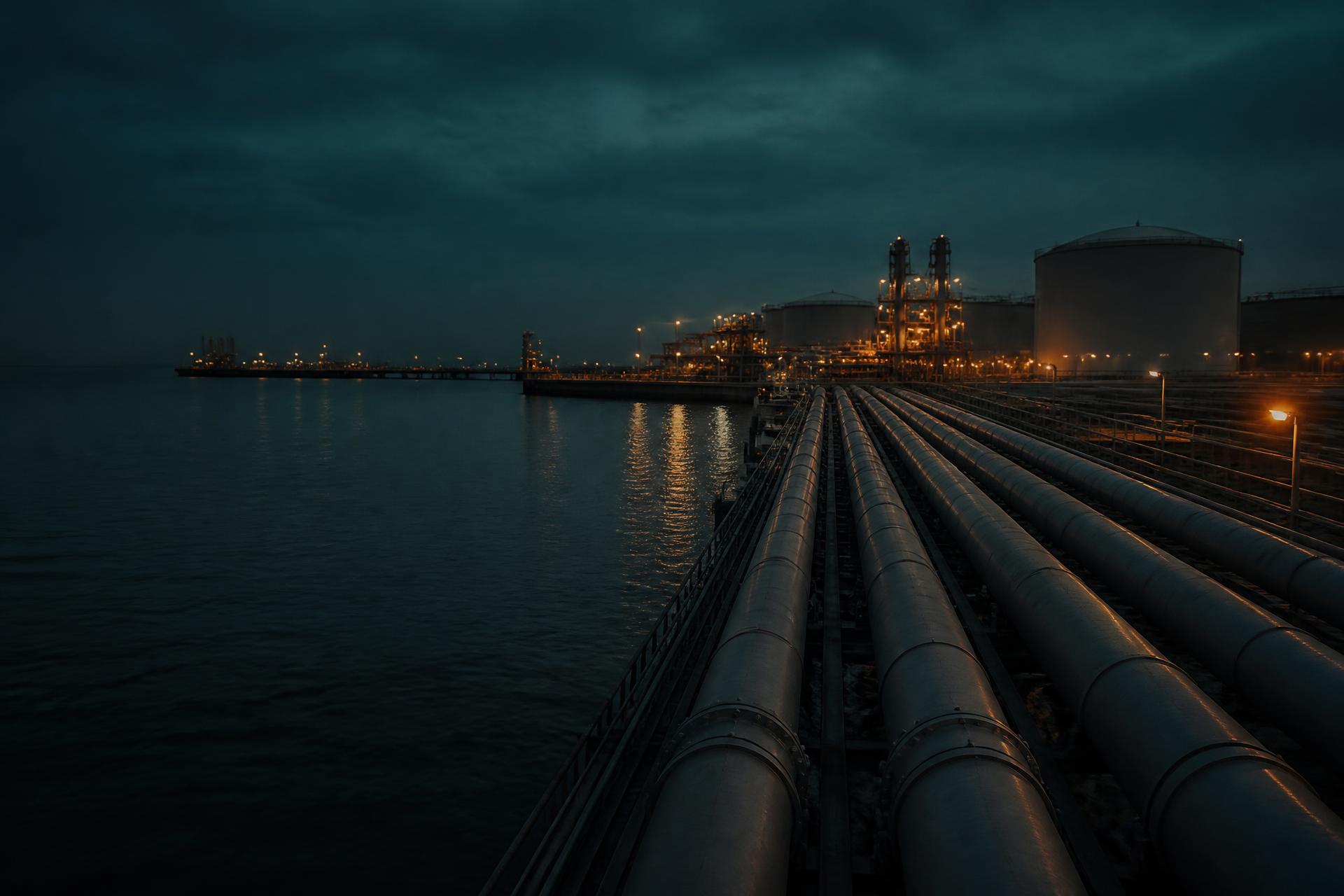 Coastal energy terminal at blue hour with large-diameter pipelines and storage infrastructure